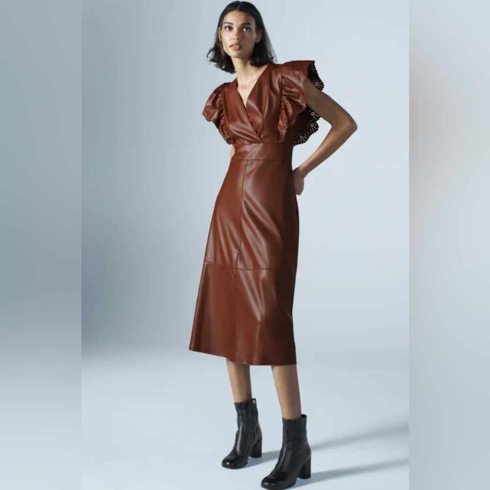 Zara Maroon Midi Dress with Ruffle Sleeves